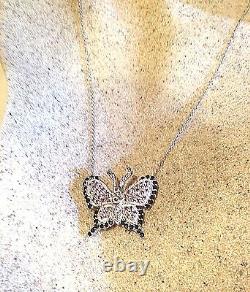 Vintage Genuine Real Blue Pink Sapphire 925 Sterling Silver Butterfly Pendant