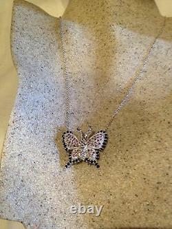 Vintage Genuine Real Blue Pink Sapphire 925 Sterling Silver Butterfly Pendant