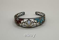 Vintage Gold Tone 925 Sterling Silver Floral Multi Color Cuff Bracelet