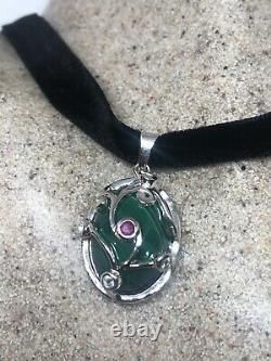 Vintage Green Malachite Deco Ruby 925 Sterling Silver Necklace