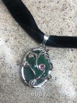 Vintage Green Malachite Deco Ruby 925 Sterling Silver Necklace