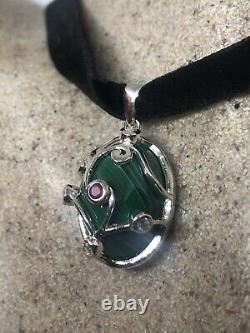 Vintage Green Malachite Deco Ruby 925 Sterling Silver Necklace