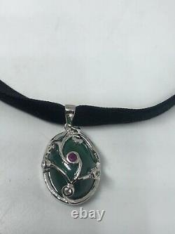 Vintage Green Malachite Deco Ruby 925 Sterling Silver Necklace