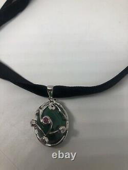 Vintage Green Malachite Deco Ruby 925 Sterling Silver Necklace