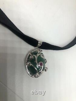 Vintage Green Malachite Deco Ruby 925 Sterling Silver Necklace