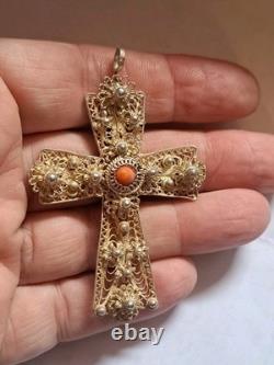 Vintage Handmade 1960 In Croatia Cross Pendant Sterling Silver Coral Stone