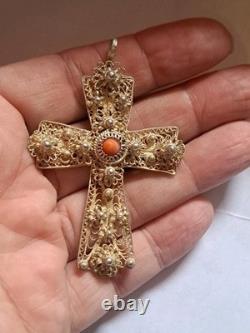 Vintage Handmade 1960 In Croatia Cross Pendant Sterling Silver Coral Stone