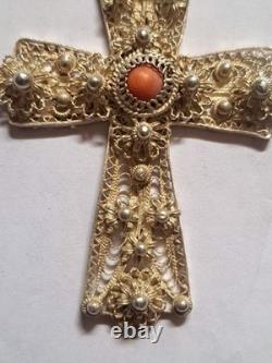 Vintage Handmade 1960 In Croatia Cross Pendant Sterling Silver Coral Stone