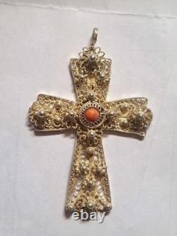 Vintage Handmade 1960 In Croatia Cross Pendant Sterling Silver Coral Stone