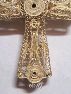 Vintage Handmade 1960 In Croatia Cross Pendant Sterling Silver Coral Stone