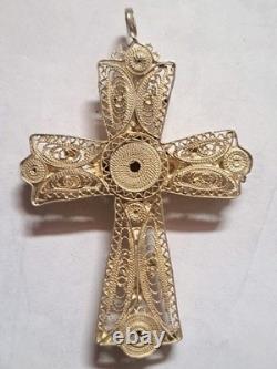 Vintage Handmade 1960 In Croatia Cross Pendant Sterling Silver Coral Stone