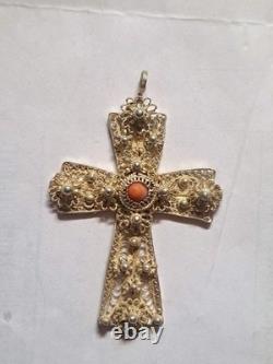 Vintage Handmade 1960 In Croatia Cross Pendant Sterling Silver Coral Stone