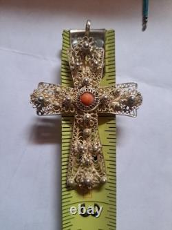 Vintage Handmade 1960 In Croatia Cross Pendant Sterling Silver Coral Stone