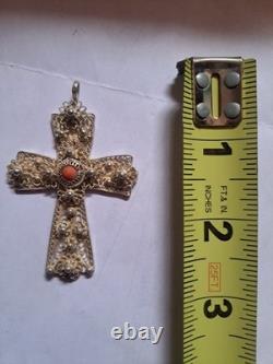 Vintage Handmade 1960 In Croatia Cross Pendant Sterling Silver Coral Stone