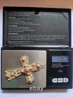 Vintage Handmade 1960 In Croatia Cross Pendant Sterling Silver Coral Stone