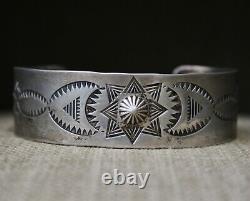 Vintage Harvey Era Native American Navajo Stamped Sterling Silver Cuff Bracelet