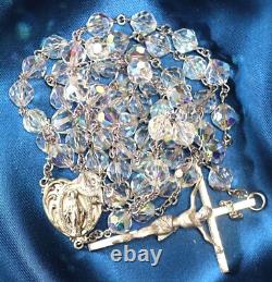 Vintage Heavy Aurora Borealis Crystal Sterling Silver Rosary Signed A. Gale 60g