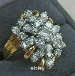 Vintage & Huge 3.23 Carat Diamond 14K Yellow Gold Over Cluster Ring For Women's