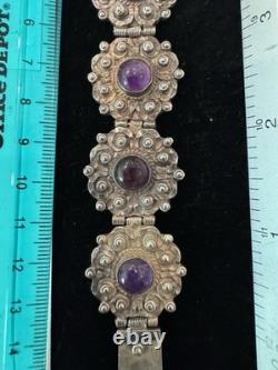 Vintage IVM Mexico 925 Sterling Silver Amethyst Panel Bracelet 63g Taxco