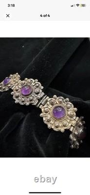 Vintage IVM Mexico 925 Sterling Silver Amethyst Panel Bracelet 63g Taxco