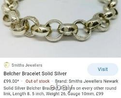 Vintage Italian 20cm Sterling Silver Belcher Link Engraved Bracelet Bolt Ring Cl