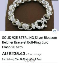 Vintage Italian 20cm Sterling Silver Belcher Link Engraved Bracelet Bolt Ring Cl