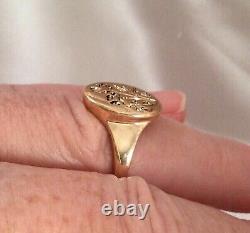 Vintage Jewelry Signet Men's Ring Botanical Design 14K Yellow Gold Plated Silver