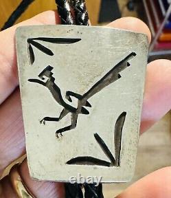 Vintage Kewa ED LOVATO Sterling Silver Overlay Roadrunner Bolo Tie 48g