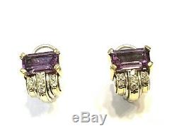 Vintage Lagos SS & 18K Gold Caviar Amethyst and Diamond Earrings, Omega Back