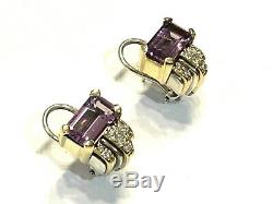 Vintage Lagos SS & 18K Gold Caviar Amethyst and Diamond Earrings, Omega Back