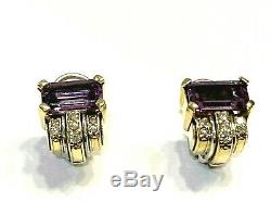 Vintage Lagos SS & 18K Gold Caviar Amethyst and Diamond Earrings, Omega Back