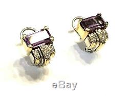 Vintage Lagos SS & 18K Gold Caviar Amethyst and Diamond Earrings, Omega Back