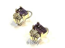 Vintage Lagos SS & 18K Gold Caviar Amethyst and Diamond Earrings, Omega Back