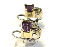 Vintage Lagos SS & 18K Gold Caviar Amethyst and Diamond Earrings, Omega Back