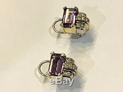 Vintage Lagos SS & 18K Gold Caviar Amethyst and Diamond Earrings, Omega Back