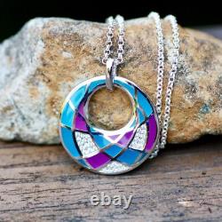 Vintage Look Teal Purple Circle Pendant Sterling Silver 925, Handmade Canada