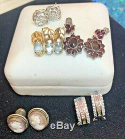 Vintage Lot Sterling Silver Earrings Antique Cameo Garnet Diamond Aquamarine