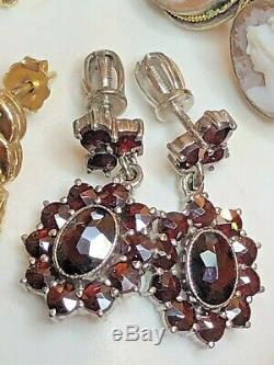 Vintage Lot Sterling Silver Earrings Antique Cameo Garnet Diamond Aquamarine