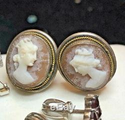 Vintage Lot Sterling Silver Earrings Antique Cameo Garnet Diamond Aquamarine