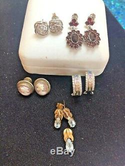 Vintage Lot Sterling Silver Earrings Antique Cameo Garnet Diamond Aquamarine