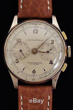 Vintage MONTAGNE 18K Gold & Sterling Silver 1950's Manual Wind Chronograph Watch