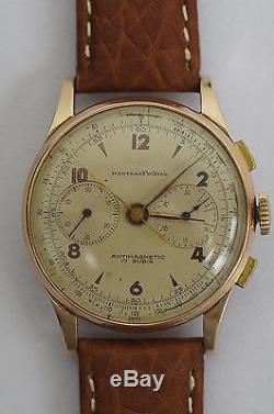 Vintage MONTAGNE 18K Gold & Sterling Silver 1950's Manual Wind Chronograph Watch