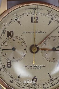 Vintage MONTAGNE 18K Gold & Sterling Silver 1950's Manual Wind Chronograph Watch