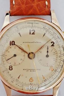 Vintage MONTAGNE 18K Gold & Sterling Silver 1950's Manual Wind Chronograph Watch