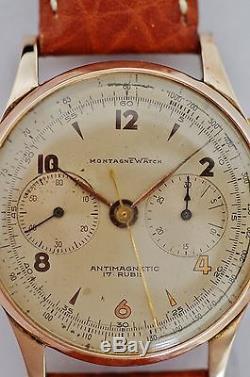 Vintage MONTAGNE 18K Gold & Sterling Silver 1950's Manual Wind Chronograph Watch