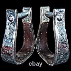 Vintage Marked Engraved Diablo Sterling Silver Western Saddle Stirrups 2 in wide