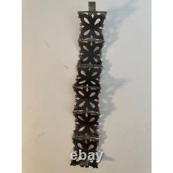 Vintage Mexican Sterling Silver Hinged Bracelet Cut Out Floral Design Cuff EUC