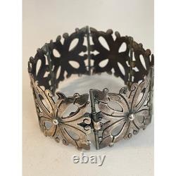 Vintage Mexican Sterling Silver Hinged Bracelet Cut Out Floral Design Cuff EUC