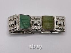 Vintage Mexico 925 Sterling Silver Carved Green Stone Aztec Panel Bracelet 86g