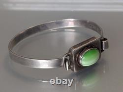Vintage Mexico 925 Sterling Silver Green Cat's Eye Bangle Bracelet Modernist 19g